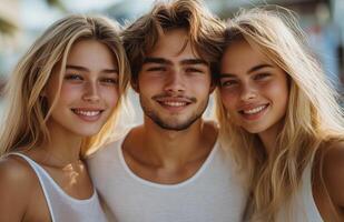 Young man smiling, standing between two blonde women in white outfits on an urban street photo