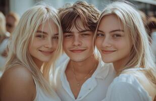 Young man smiling, standing between two blonde women in white outfits on an urban street photo