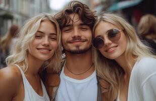 Young man smiling, standing between two blonde women in white outfits on an urban street photo