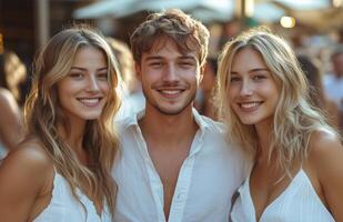 Young man smiling, standing between two blonde women in white outfits on an urban street photo