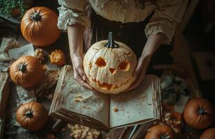 A woman proudly displays a pumpkin with an animal face carved for Halloween photo