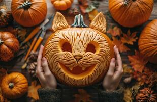 A woman proudly displays a pumpkin with an animal face carved for Halloween photo