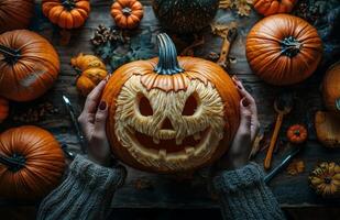 A woman proudly displays a pumpkin with an animal face carved for Halloween photo