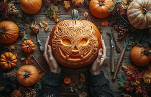 A woman proudly displays a pumpkin with an animal face carved for Halloween photo