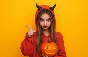 Young woman in devil costume holds a pumpkin and points at empty space, ready for Halloween photo