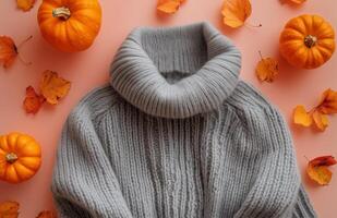 Gray sweater adorned with small pumpkins, set against a soft pastel peach background photo