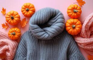 Gray sweater adorned with small pumpkins, set against a soft pastel peach background photo