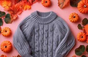 Gray sweater adorned with small pumpkins, set against a soft pastel peach background photo