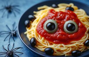 Spooky Halloween pasta with ketchup and a spider web set against a blue background photo