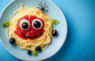 Spooky Halloween pasta with ketchup and a spider web set against a blue background photo
