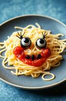 Spooky Halloween pasta with ketchup and a spider web set against a blue background photo