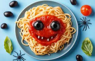 Spooky Halloween pasta with ketchup and a spider web set against a blue background photo