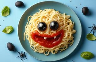 Spooky Halloween pasta with ketchup and a spider web set against a blue background photo