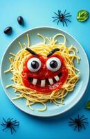 Spooky Halloween pasta with ketchup and a spider web set against a blue background photo