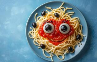Spooky Halloween pasta with ketchup and a spider web set against a blue background photo