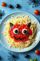 Spooky Halloween pasta with ketchup and a spider web set against a blue background photo