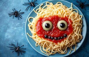 Spooky Halloween pasta with ketchup and a spider web set against a blue background photo