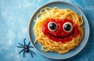 Spooky Halloween pasta with ketchup and a spider web set against a blue background photo