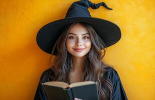 A stunning witch in black attire, holding a magical book, yellow background photo