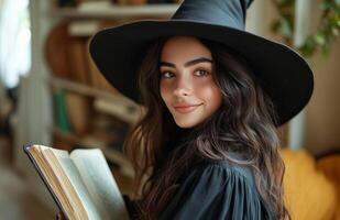 A stunning witch in black attire, holding a magical book, yellow background photo