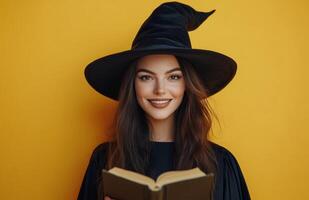 A stunning witch in black attire, holding a magical book, yellow background photo