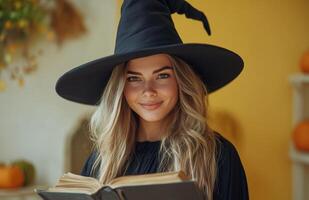 A stunning witch in black attire, holding a magical book, yellow background photo