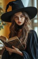 A stunning witch in black attire, holding a magical book, yellow background photo