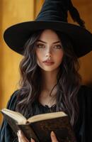 A stunning witch in black attire, holding a magical book, yellow background photo