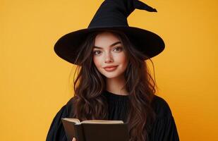A stunning witch in black attire, holding a magical book, yellow background photo