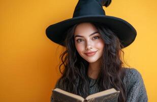 A stunning witch in black attire, holding a magical book, yellow background photo