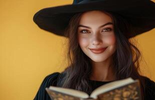 A stunning witch in black attire, holding a magical book, yellow background photo