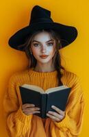 A stunning witch in black attire, holding a magical book, yellow background photo