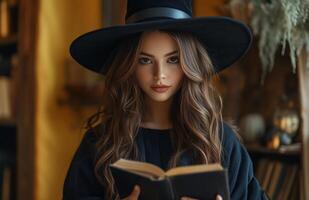 A stunning witch in black attire, holding a magical book, yellow background photo