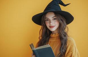 A stunning witch in black attire, holding a magical book, yellow background photo