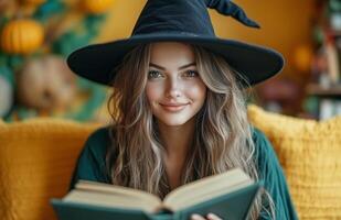 A stunning witch in black attire, holding a magical book, yellow background photo