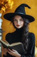 A stunning witch in black attire, holding a magical book, yellow background photo
