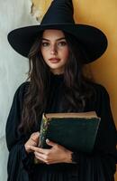 A stunning witch in black attire, holding a magical book, yellow background photo