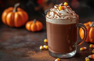 Pumpkin flavored hot chocolate with candy corn, topped with cinnamon, in a glass mug surrounded by pumpkins photo
