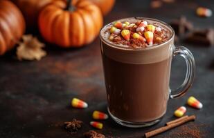 Pumpkin flavored hot chocolate with candy corn, topped with cinnamon, in a glass mug surrounded by pumpkins photo