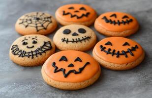 Halloween character cookies on a grey background, colorful and creatively decorated, various spooky faces photo