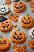 Halloween character cookies on a grey background, colorful and creatively decorated, various spooky faces photo