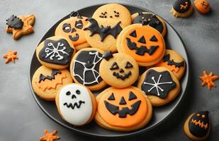 Halloween character cookies on a grey background, colorful and creatively decorated, various spooky faces photo