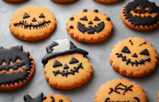Halloween character cookies on a grey background, colorful and creatively decorated, various spooky faces photo