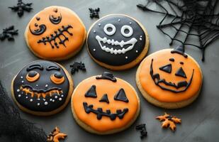 Halloween character cookies on a grey background, colorful and creatively decorated, various spooky faces photo