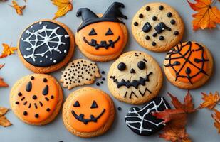 Halloween character cookies on a grey background, colorful and creatively decorated, various spooky faces photo