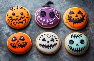 Halloween character cookies on a grey background, colorful and creatively decorated, various spooky faces photo