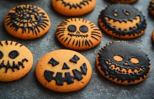 Halloween character cookies on a grey background, colorful and creatively decorated, various spooky faces photo