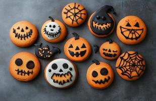 Halloween character cookies on a grey background, colorful and creatively decorated, various spooky faces photo