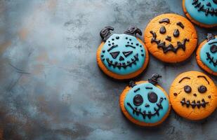 Halloween character cookies on a grey background, colorful and creatively decorated, various spooky faces photo