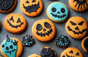 Halloween character cookies on a grey background, colorful and creatively decorated, various spooky faces photo